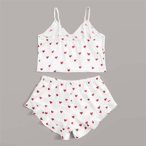 Women's Pajama Set Crop Cami & Shorts Red Hearts - Picture 2 of 4